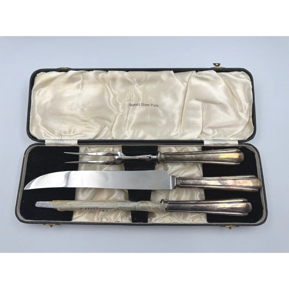 Lewis Rose Sheffield England Silver Plate 3pc Carving Set Vintage Stainless Case